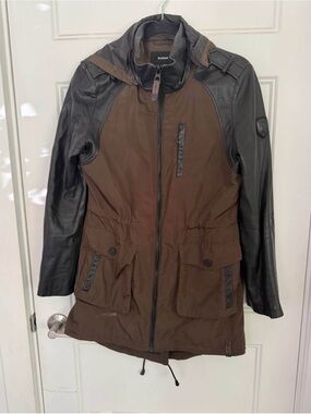 Kiara Brown Parka with Black Leather Sleeves
